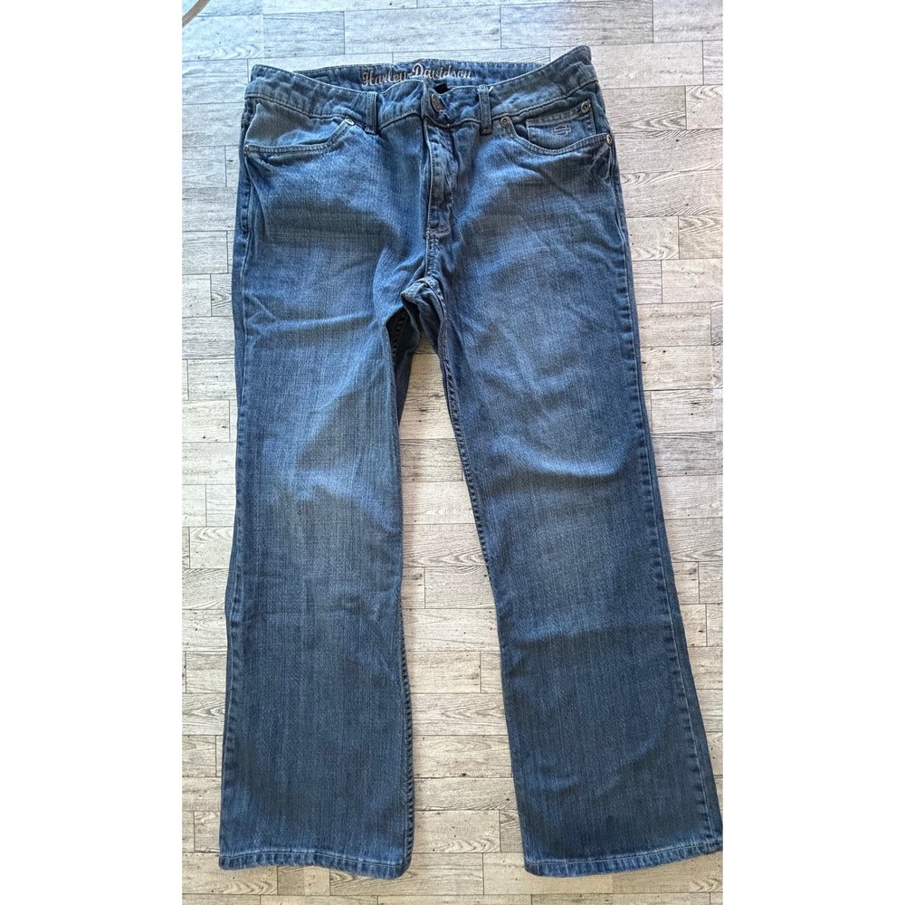 Harley-Davidson Womens Blue Denim Jeans Size 16 Medium Wash Bootcut Stretch Moto